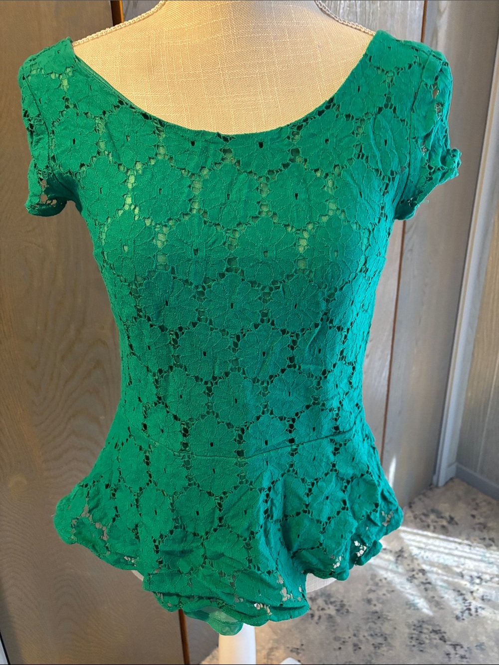 Xhilaration Green Lace Peplum Top Shirt Low Neck Retro